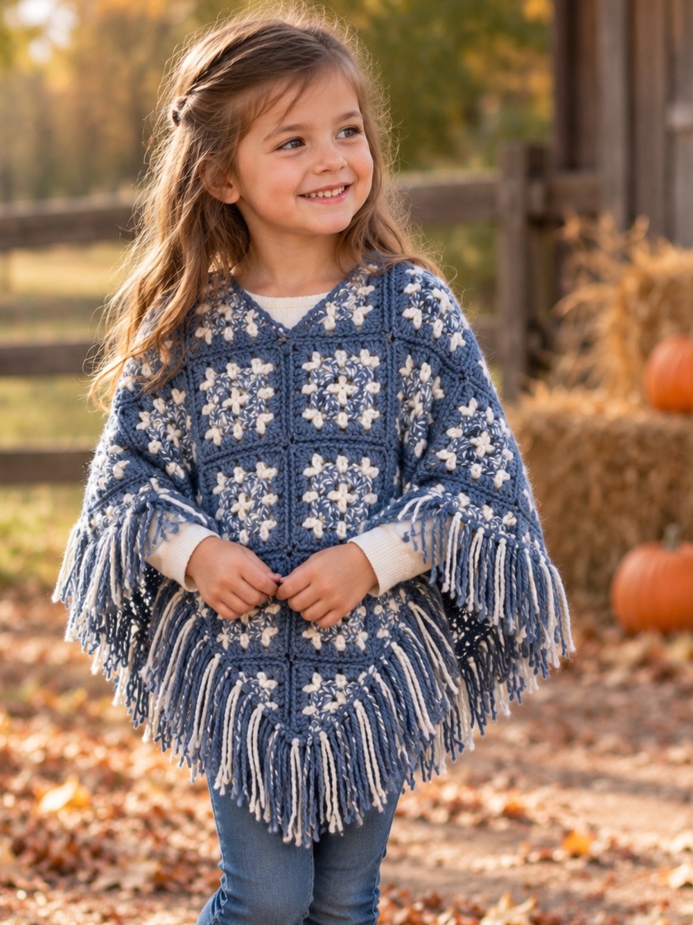 Handmade Girls’ Crochet Granny Square Poncho – Blue & White Fringe – Girls 4-6
